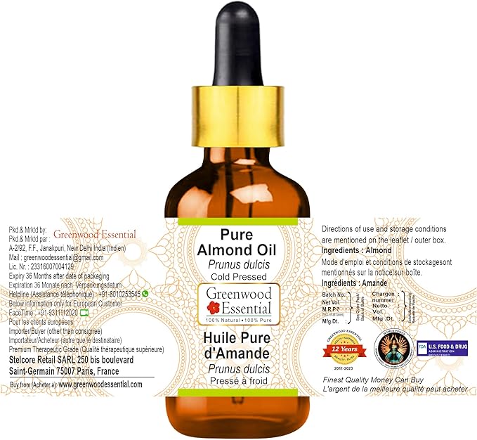 Greenwood Essential Pure Almond Oil (Prunus dulcis) with Glass Dropper Cold Pressed (Pack of Two) 100ml X 2 (6.76 oz)