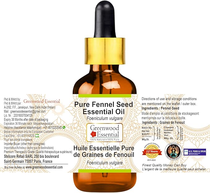 Greenwood Essential Pure Fennel Seed Essential Oil (Foeniculum vulgare) with Glass Dropper Steam Distilled 15ml (0.50 oz)