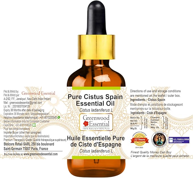 Greenwood Essential Cistus Spain Essential Oil (Cistus ladaniferus L) with Glass Dropper | Pure | Viscous Texture | Rich Aroma | Unisex | All Skin Types |Natural Extract Steam Distilled 5ml (0.16 oz)