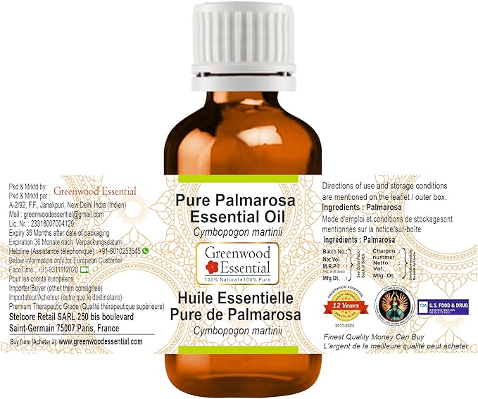Greenwood Essential Pure Palmarosa Essential Oil (Cymbopogon martinii) Steam Distilled 5ml (0.16 oz)