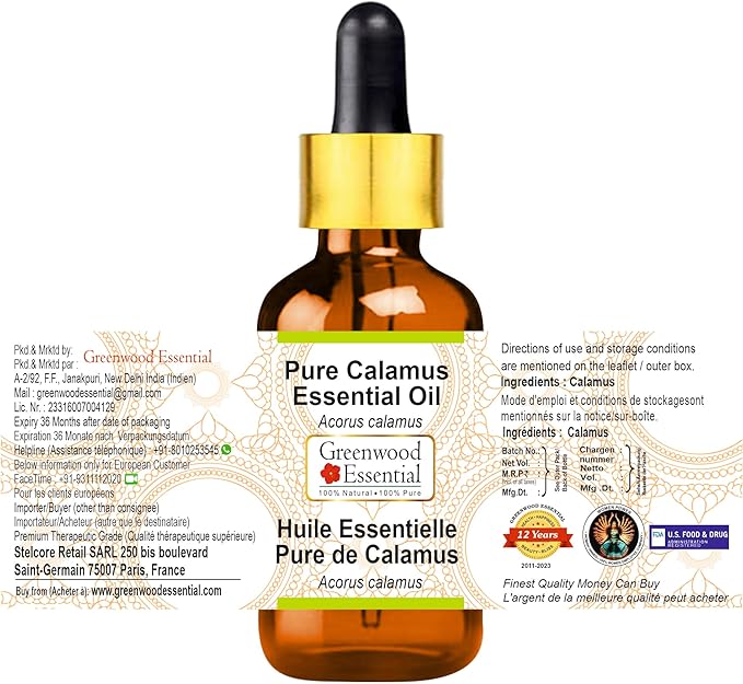 Greenwood Essential Pure Calamus Essential Oil (Acorus Calamus) with Glass Dropper Steam Distilled 15ml (0.50 oz)