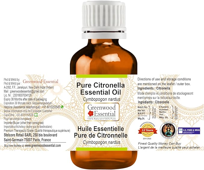 Greenwood Essential Pure Citronella Essential Oil (Cymbopogon nardus) Steam Distilled 5ml (0.16 oz)