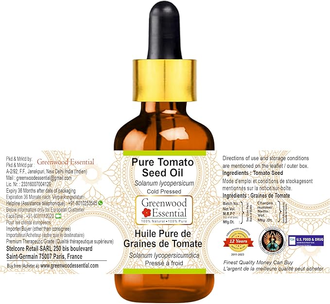 Greenwood Essential Tomato Seed Oil (Solanum lycopersicum) with Glass Dropper | Cold Pressed | Natural | Undiluted | For Diluting Essential Oils | For Skin & Massage | Men & Women | 50ml (1.69 oz)