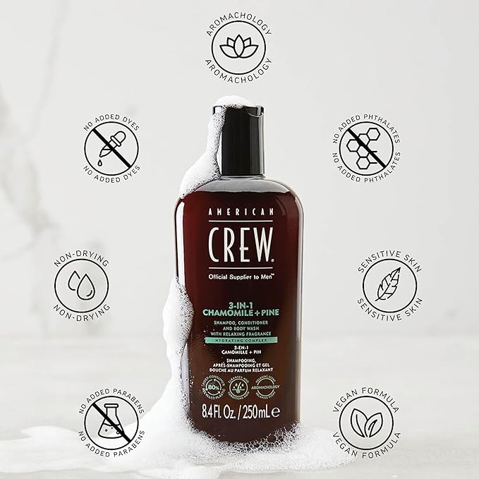 AMERICAN CREW 3-in-1 Chamomile & Pine, Shampoo, Conditioner & Body Wash for Men, Hair Care Gift for Him, Calming and Relaxing Fragrance, 15.2 fl oz