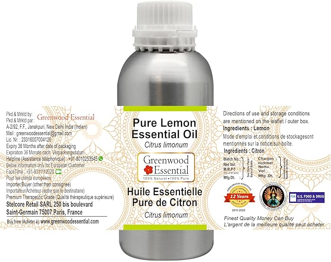 Greenwood Essential Pure Lemon Essential Oil (Citrus limonum) Steam Distilled 300ml (10.1 oz)