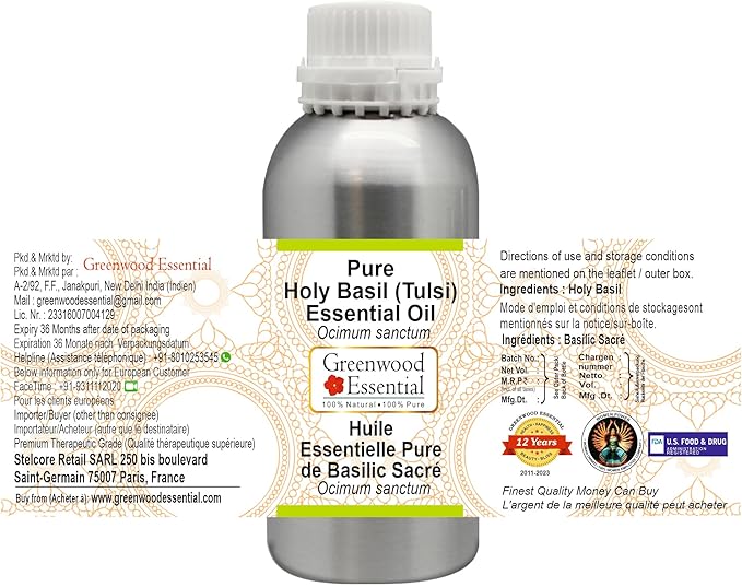 Greenwood Essential Pure Holy Basil Essential Oil (Ocimum Sanctum) Steam Distilled 1250ml (42 oz)