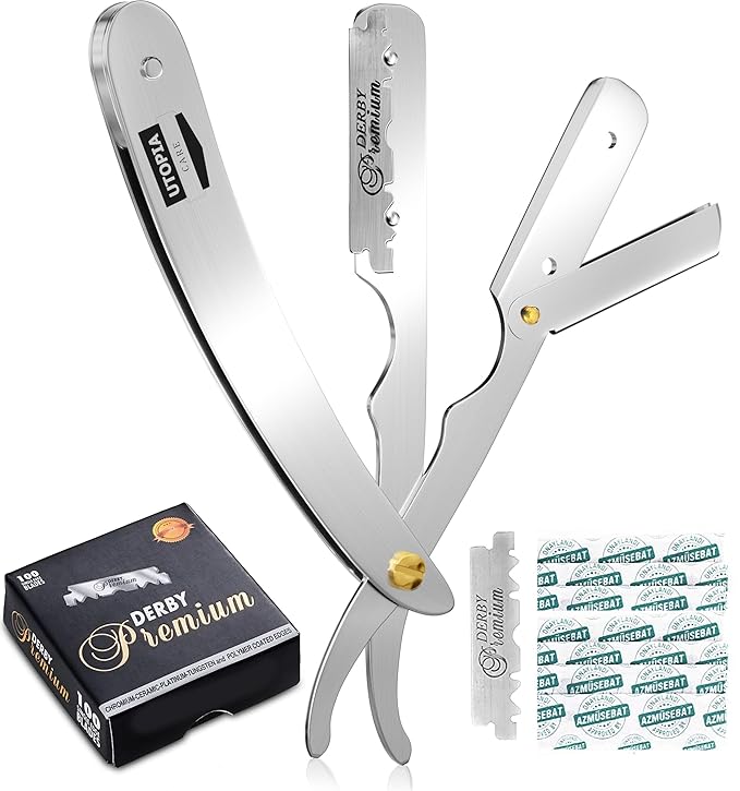 Utopia Care Professional Straight Razor for Men, Barber Straight Edge Razor Safety with 100 Pack Blades, Silver