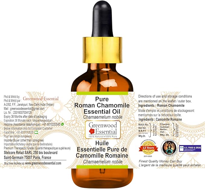 Greenwood Essential Pure Roman Chamomile Essential Oil (Chamaemelum nobile) with Glass Dropper Steam Distilled 2ml (0.06 oz)