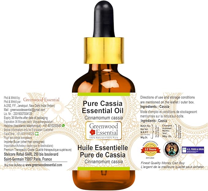 Greenwood Essential Cassia Essential Oil (Cinnamomum Cassia) with Glass Dropper | Pure | Non-Sticky | Non-Greasy | Lightweight | Men & Women | All Skin Types | Steam Distilled 15ml (0.50 oz)