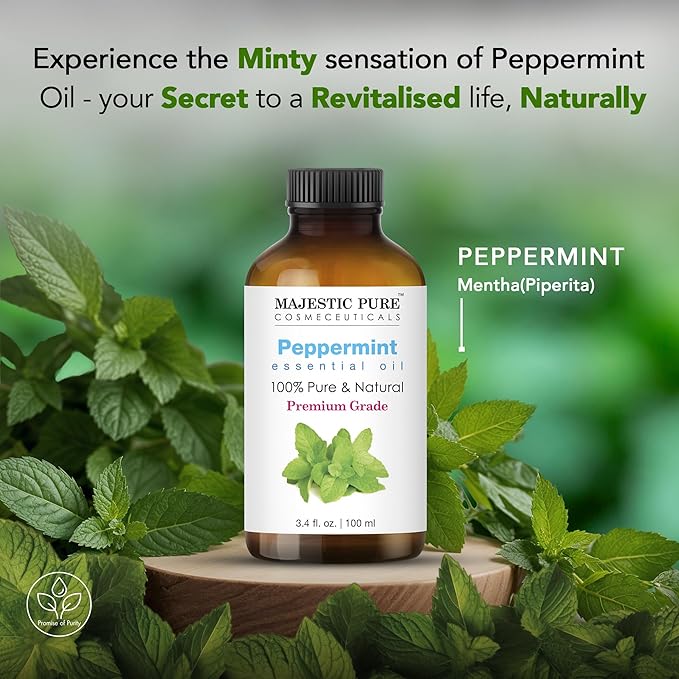 Majestic Pure Peppermint Essential Oil with Glass Dropper - 3.4 Fl Oz - 100% Pure and Natural Peppermint Oil - Premium Grade Essential Oils for Diffuser, Aromatherapy, Soap and Candle Making