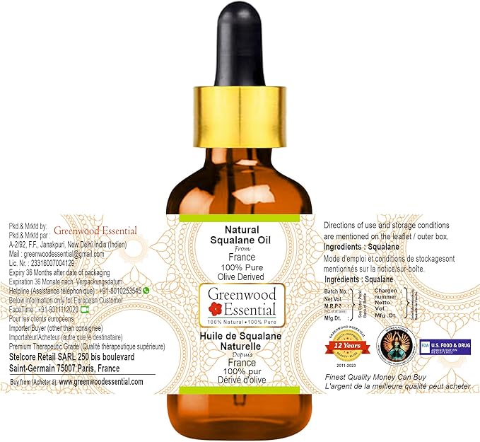 Greenwood Essential Pure Natural Squalane Oil (derived from Olives) with Glass Dropper Natural Therapeutic Grade for Hair, Skin & Aromatherapy 10ml (0.33 oz)