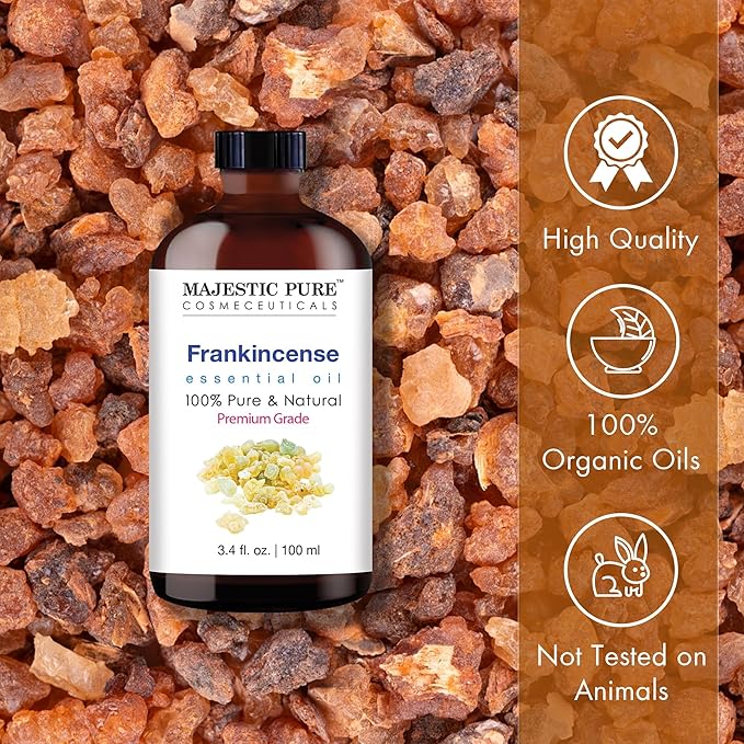 Majestic Pure Frankincense Essential Oil with Glass Dropper - 3.4 Fl Oz - 100% Pure and Natural Frankincense Oil - Premium Grade Essential Oils for Diffuser, Aromatherapy, Soap and Candle Making