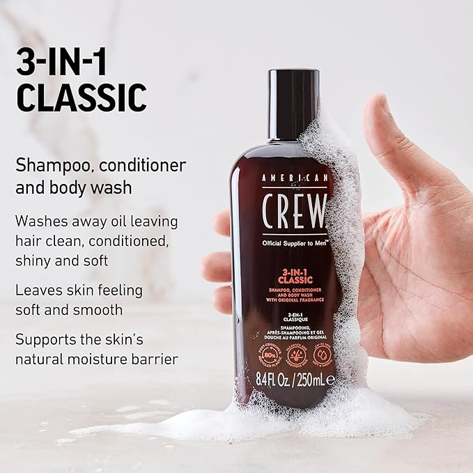 American Crew 3-in-1 Shampoo, Conditioner and Body Wash, Gift for Men, 8.4 fl oz