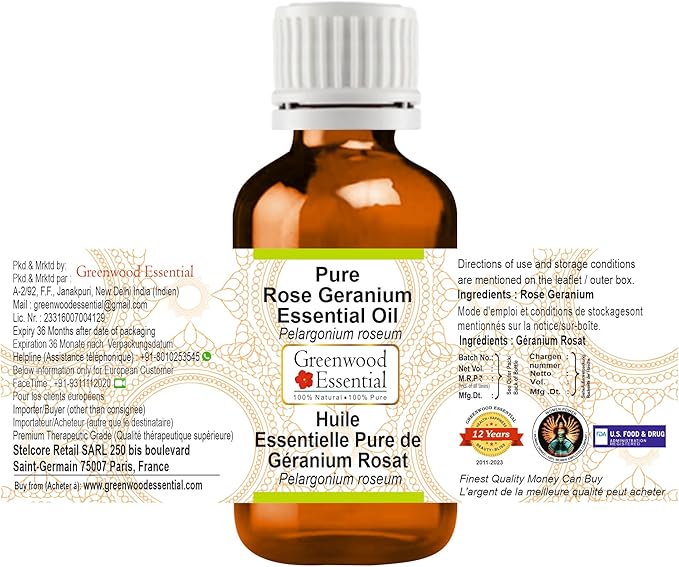 Greenwood Essential Pure Rose Geranium Essential Oil (Pelargonium roseum) Steam Distilled 100ml (3.38 oz)