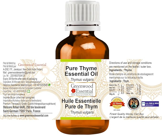 Greenwood Essential Thyme Essential Oil (Thymus vulgaris) Steam Distilled 10ml (0.33 oz)