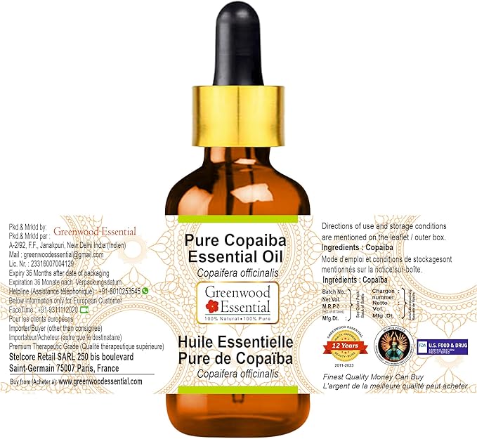 Greenwood Essential Pure Copaiba Essential Oil (Copaifera officinalis) with Glass Dropper Steam Distilled 50ml (1.69 oz)