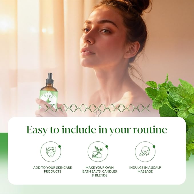 Siva Peppermint Essential Oil - 4 Fl Oz – 100% Natural Peppermint Oil - for Diffuser, Face, Skin Care, Aromatherapy, Hair Care, Scalp and Body Massage - with Dropper