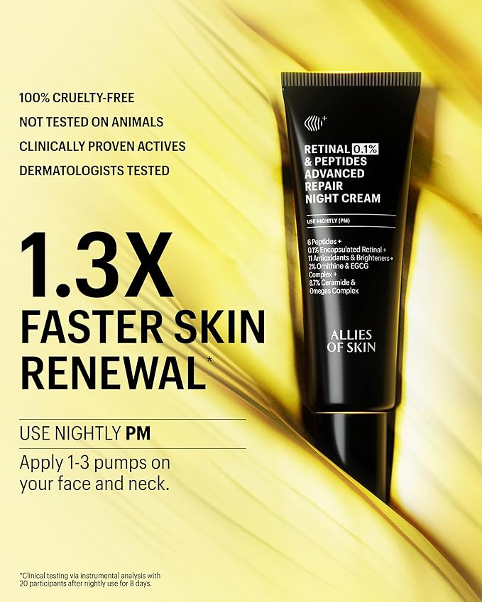 Allies of Skin Retinal 0.1% Peptides Repair Night Cream with 0.1% Encapsulated Retinal, 6 Peptides, 2% Ornithine & EGCG Complex, 8.7% Ceramides & Omegas Complex