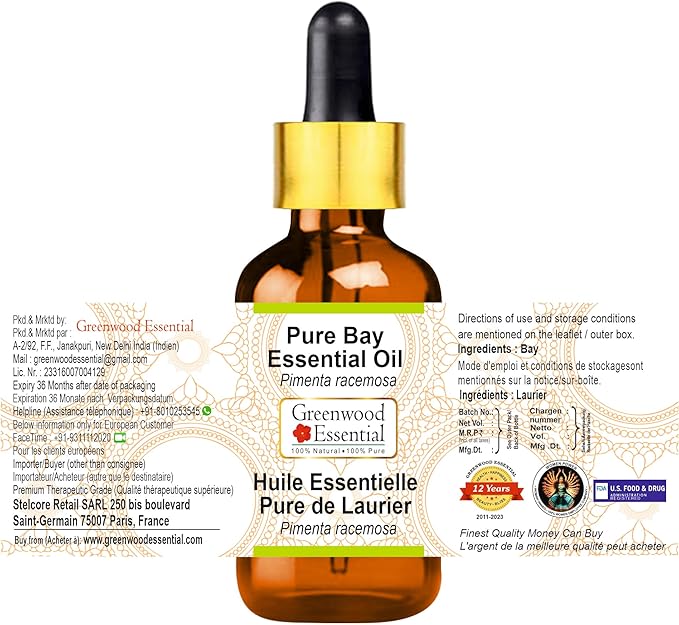 Greenwood Essential Pure Bay Essential Oil (Pimenta racemosa) with Glass Dropper Steam Distilled 30ml (1 oz)