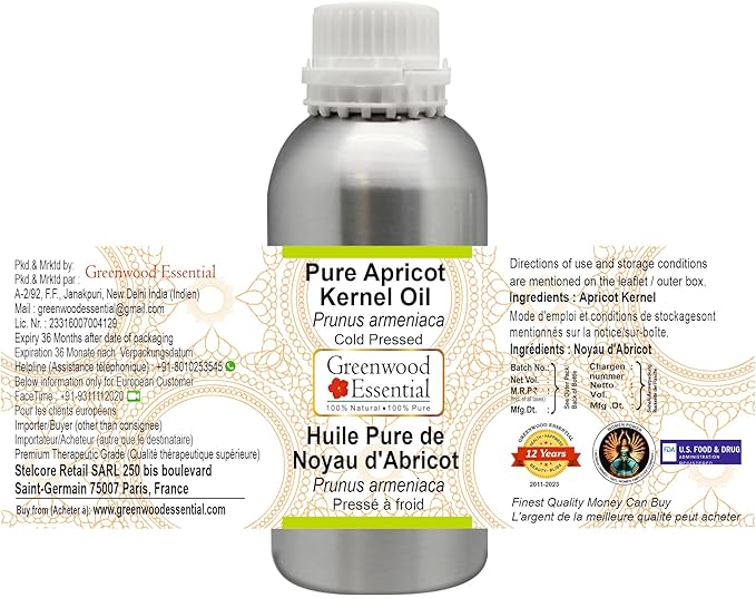 Greenwood Essential Pure Apricot Kernel Oil (Prunus armeniaca) Cold Pressed 300ml (10 oz)