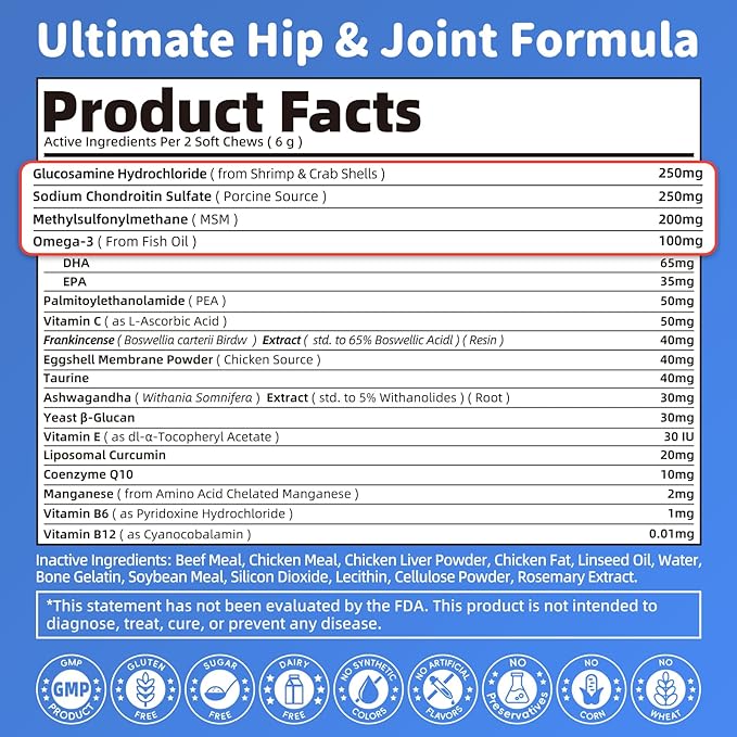 Senior Advanced Joint Supplement for Dogs – 17-in-1 Glucosamine for Dogs with Chondroitin – Hip & Joint Pain Relief Pills – Mobility Support Chews – Large & Small Breeds - Beef Flavor – 90Ct