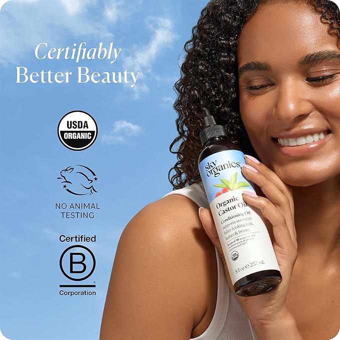 Sky Organics Castor Oil - USDA Certified Organic Hair Oil for Hair Growth, Skin, Face, Eyelashes - Cold Pressed & Hexane Free - Pure Organic Castor Oil Pack Wrap - Carrier & Hair Treatment Oil -16oz