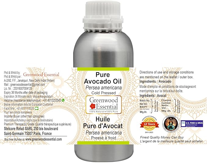 Greenwood Essential Pure Avocado Oil (Persea americana) Cold Pressed 630ml (21 oz)