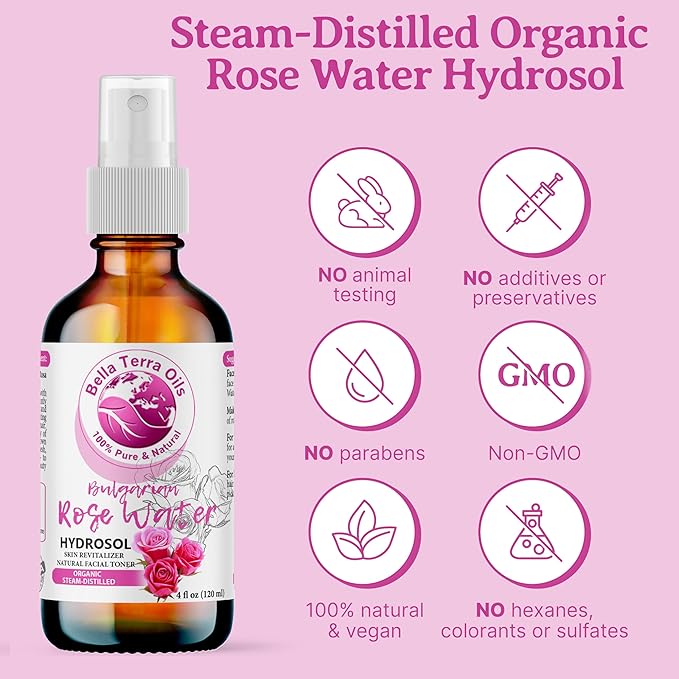Bella Terra Oils - Organic Rose Water Spray 4oz - Dive into the Elixir of Rose Hydrosol, Gentle on Skin, Luxurious Rosewater Toner Face Experience