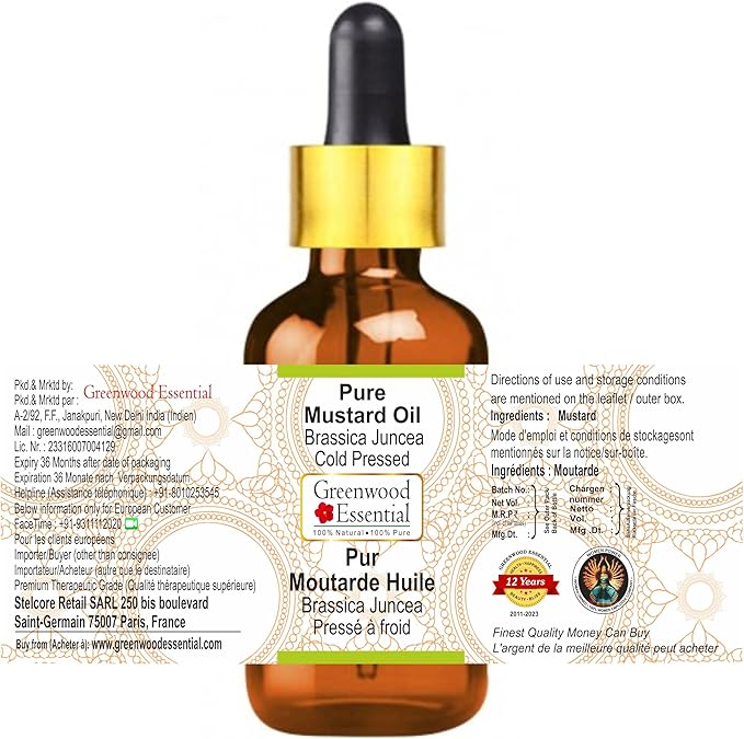 Greenwood Essential Mustard Oil (Brassica juncea) with Glass Dropper | Cold Pressed | Natural | Undiluted | For Diluting Essential Oils | For Skin & Massage | Men & Women | 100ml (3.38 oz)