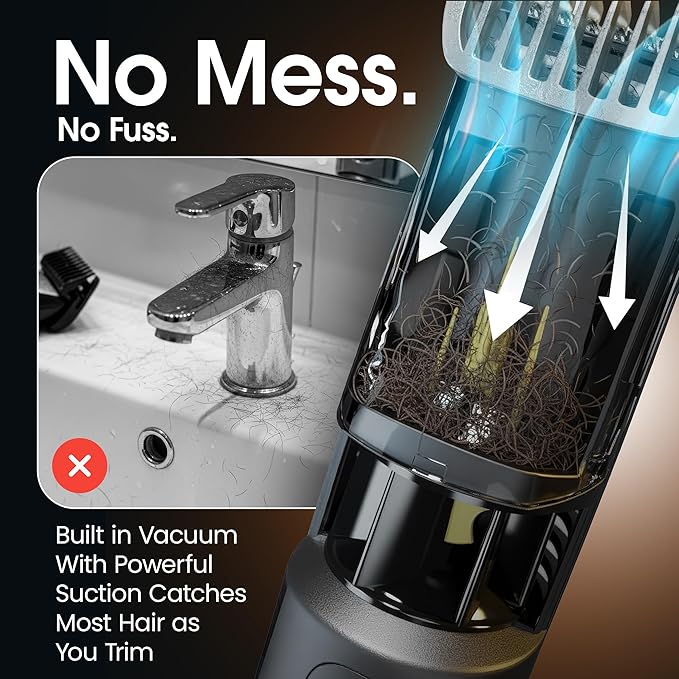 Vacutrim Cordless Mens Beard Trimmer, Rechargeable Electric Shaver with 20 Trim Setting Calibration Dial and Built-in Vacuum for Mustache, Sideburns. Facial Hair, Black, 7.5", As Seen On TV