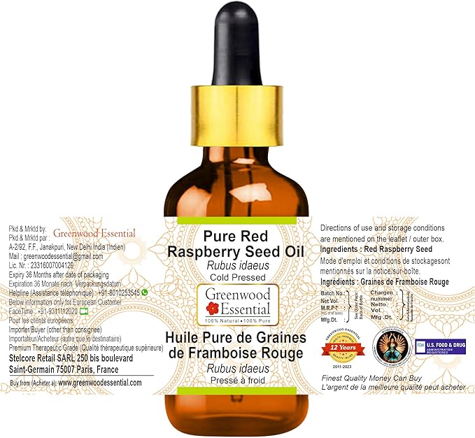 Greenwood Essential Pure Red Raspberry Seed Oil (Rubus idaeus) with Glass Dropper Cold Pressed 10ml (0.33 oz)