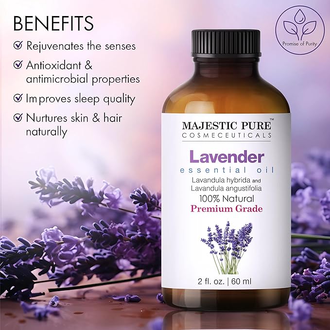 Majestic Pure Lavender Essential Oil with Glass Dropper - 2 Fl Oz - 100% Pure and Natural Lavender Oil - Premium Grade Essential Oils for Diffuser, Aromatherapy, Soap and Candle Making