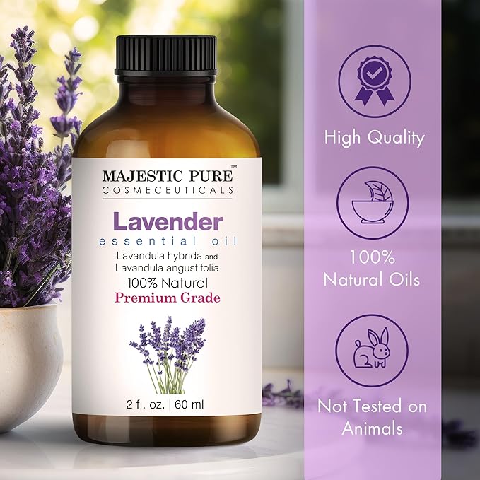 Majestic Pure Lavender Essential Oil with Glass Dropper - 2 Fl Oz - 100% Pure and Natural Lavender Oil - Premium Grade Essential Oils for Diffuser, Aromatherapy, Soap and Candle Making