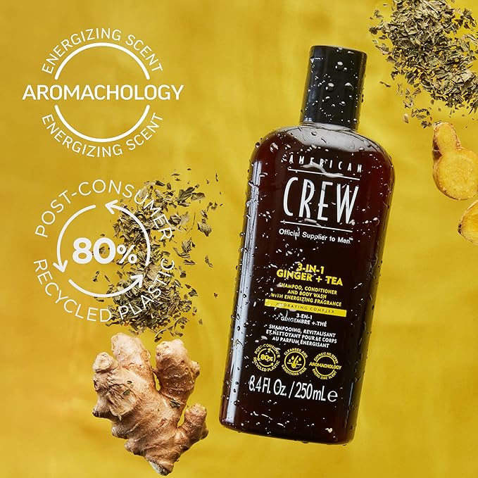 AMERICAN CREW 3-in-1 Ginger & Tea, Shampoo, Conditioner & Body Wash for Men, Hair Care Gift for Him, Revitalizing and Refreshing Fragrance, 33.8 fl oz
