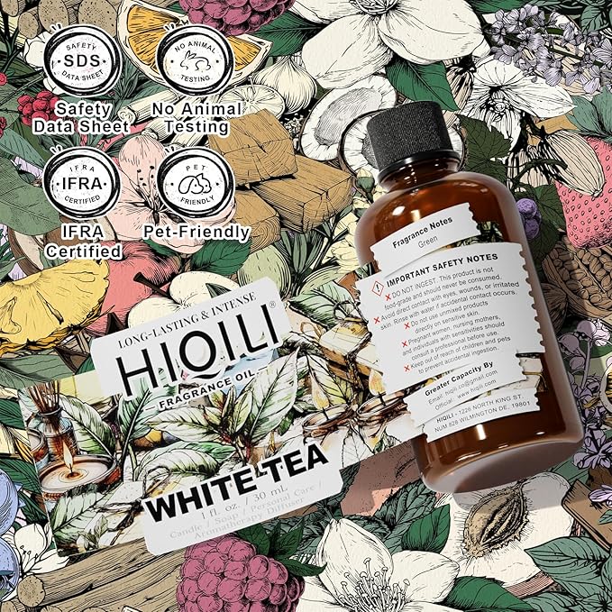 HIQILI White Tea Fragrance Oil for Essential Oil Diffuser, DIY Candle & Soap Making, Blend to Perfume & Air Freshener Spray - 1 Fl Oz