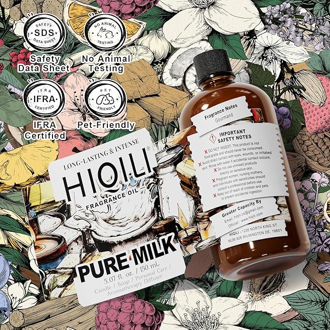 HIQILI Pure Milk Fragrance Oil for Home Diffuser, Ideal for Making Soap, Candles, Sugar Scrub, Skin & Body, Pet Safe - 5.07 Fl Oz