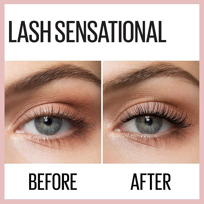 Maybelline Lash Sensational Washable Mascara, Lengthening and Volumizing for a Full Fan Effect, Midnight Black, 1 Count