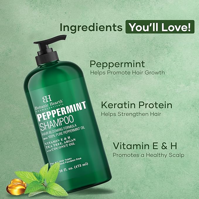 Botanic Hearth Peppermint Oil Shampoo | Hair Blooming Formula With Keratin For Thinning Hair | Fights Hair Loss, | Sulfate Free For Men And Women | 16 Fl Oz