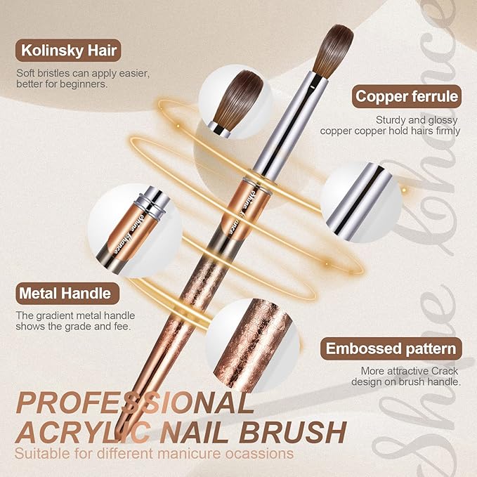 Acrylic Nail Brush Size 14, 100% Real Kolinsky Art Nail Brush for Acrylic Powder Application, Handmade Women Manicure Nail Extension Tool for Professional DIY Home Salon and Beginners
