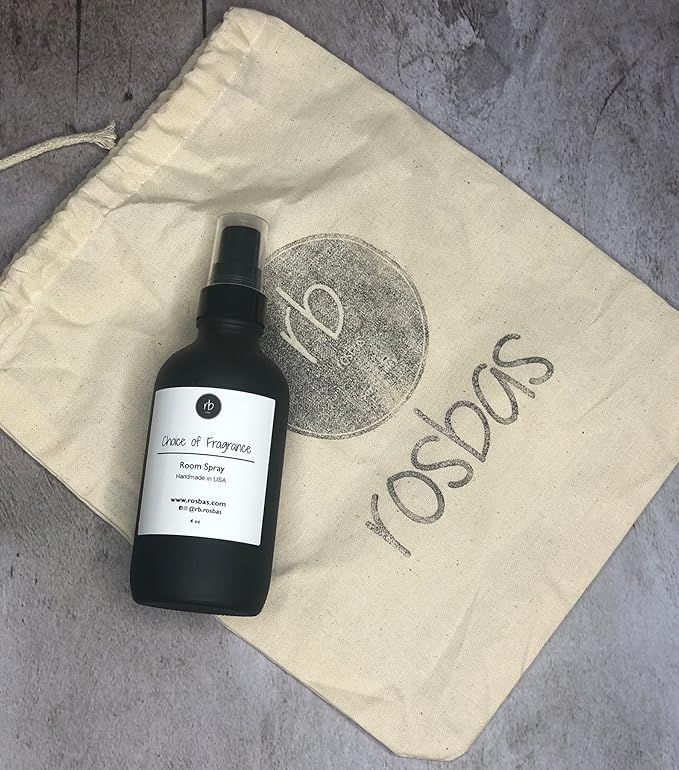 Rosbas Room Spray, Peppermint & Eucalyptus Scented, Matte Black Glass Bottle, 4 oz, Fresh Natural Ingredients,Drawstring Cotton Bag, Long Lasting Scented Air Freshener, Non-Aerosol, Handmade in USA