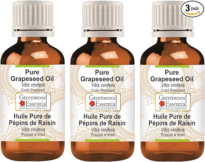 Greenwood Essential Pure Grapeseed Oil (Vitis vinifera) Cold Pressed (Pack of Three) 100ml X 3 (10 oz)